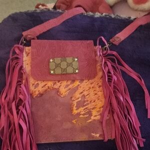 Vibrant Pink and Orange Crossbody Bag with Fringe